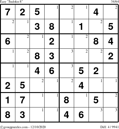 The grouppuzzles.com Easy Sudoku-8 puzzle for Thursday December 10, 2020 with the first 3 steps marked