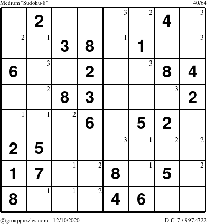 The grouppuzzles.com Medium Sudoku-8 puzzle for Thursday December 10, 2020 with the first 3 steps marked