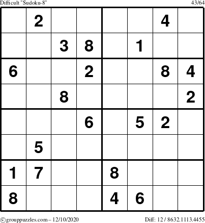 The grouppuzzles.com Difficult Sudoku-8 puzzle for Thursday December 10, 2020