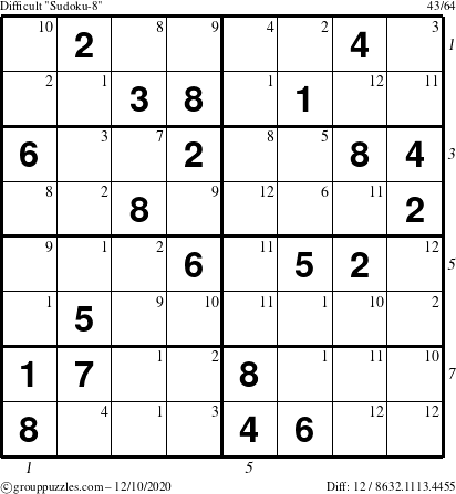 The grouppuzzles.com Difficult Sudoku-8 puzzle for Thursday December 10, 2020 with all 12 steps marked