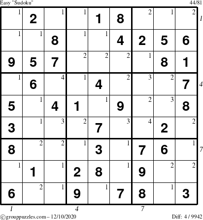 The grouppuzzles.com Easy Sudoku puzzle for Thursday December 10, 2020, suitable for printing, with all 4 steps marked