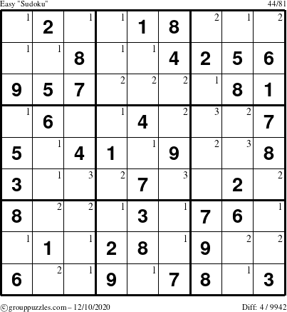 The grouppuzzles.com Easy Sudoku puzzle for Thursday December 10, 2020 with the first 3 steps marked