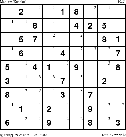 The grouppuzzles.com Medium Sudoku puzzle for Thursday December 10, 2020 with the first 3 steps marked