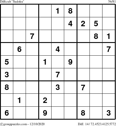 The grouppuzzles.com Difficult Sudoku puzzle for Thursday December 10, 2020