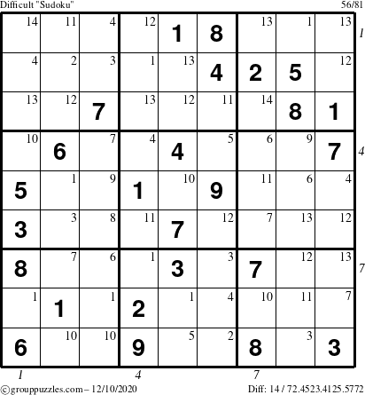 The grouppuzzles.com Difficult Sudoku puzzle for Thursday December 10, 2020, suitable for printing, with all 14 steps marked