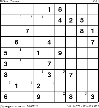 The grouppuzzles.com Difficult Sudoku puzzle for Thursday December 10, 2020 with the first 3 steps marked