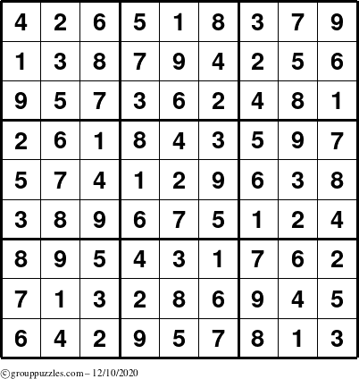 The grouppuzzles.com Answer grid for the Sudoku puzzle for Thursday December 10, 2020