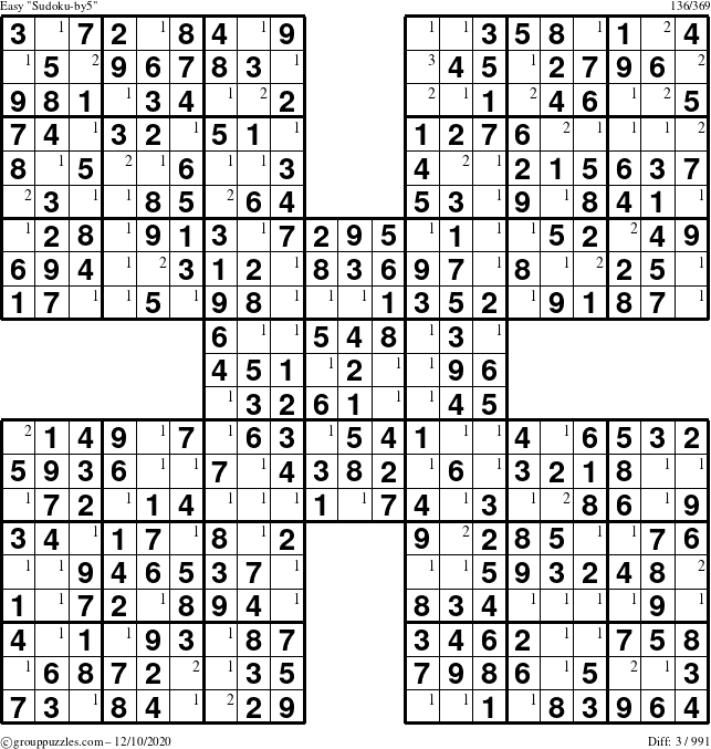 The grouppuzzles.com Easy Sudoku-by5 puzzle for Thursday December 10, 2020 with the first 3 steps marked