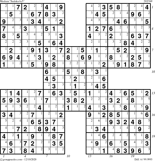 The grouppuzzles.com Medium Sudoku-by5 puzzle for Thursday December 10, 2020, suitable for printing, with all 6 steps marked