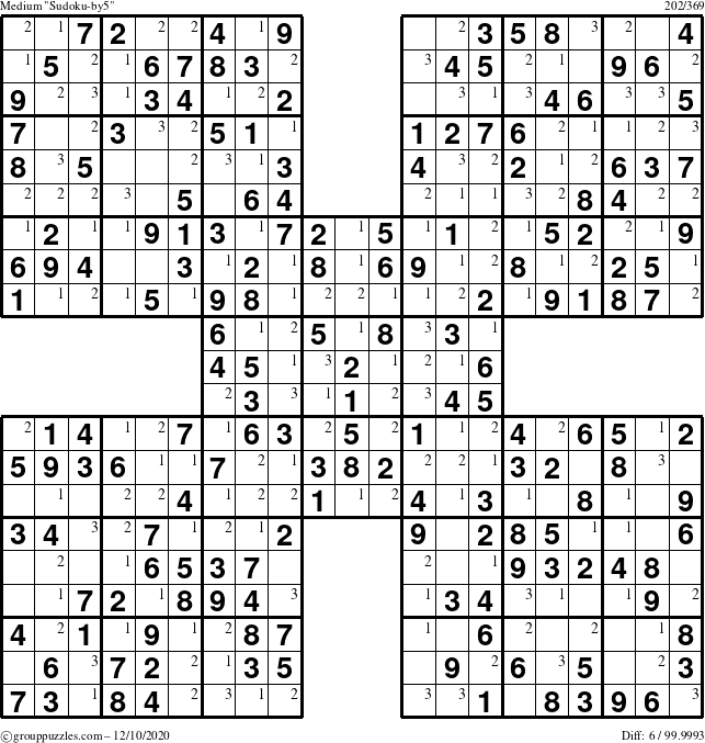 The grouppuzzles.com Medium Sudoku-by5 puzzle for Thursday December 10, 2020 with the first 3 steps marked