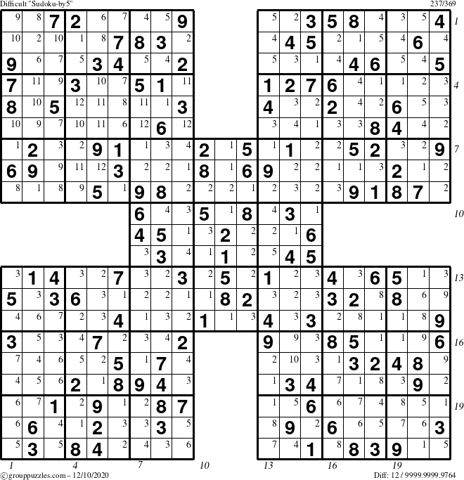 The grouppuzzles.com Difficult Sudoku-by5 puzzle for Thursday December 10, 2020 with all 12 steps marked