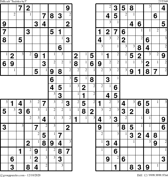 The grouppuzzles.com Difficult Sudoku-by5 puzzle for Thursday December 10, 2020 with the first 3 steps marked