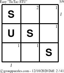 The grouppuzzles.com Easy TicTac-STU puzzle for Thursday December 10, 2020, suitable for printing, with all 2 steps marked