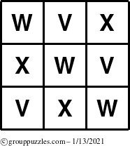 The grouppuzzles.com Answer grid for the TicTac-VWX puzzle for Wednesday January 13, 2021