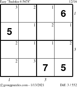 The grouppuzzles.com Easy Sudoku-4-5678 puzzle for Wednesday January 13, 2021 with all 3 steps marked