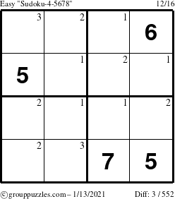 The grouppuzzles.com Easy Sudoku-4-5678 puzzle for Wednesday January 13, 2021 with the first 3 steps marked