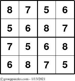 The grouppuzzles.com Answer grid for the Sudoku-4-5678 puzzle for Wednesday January 13, 2021