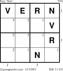 The grouppuzzles.com Easy Vern puzzle for Wednesday January 13, 2021 with all 3 steps marked