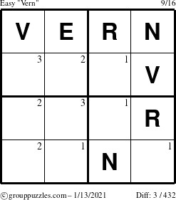 The grouppuzzles.com Easy Vern puzzle for Wednesday January 13, 2021 with the first 3 steps marked