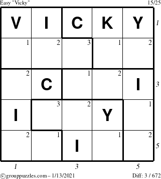 The grouppuzzles.com Easy Vicky puzzle for Wednesday January 13, 2021 with all 3 steps marked