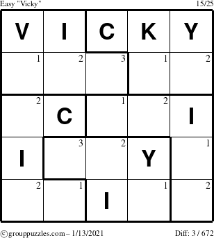 The grouppuzzles.com Easy Vicky puzzle for Wednesday January 13, 2021 with the first 3 steps marked