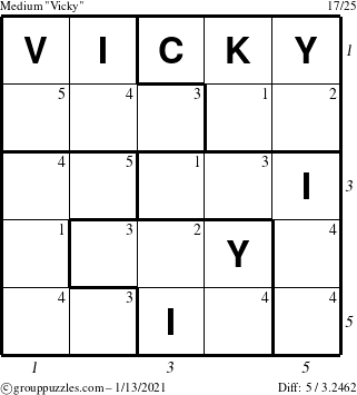 The grouppuzzles.com Medium Vicky puzzle for Wednesday January 13, 2021 with all 5 steps marked