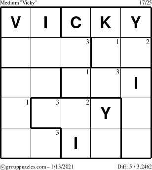 The grouppuzzles.com Medium Vicky puzzle for Wednesday January 13, 2021 with the first 3 steps marked