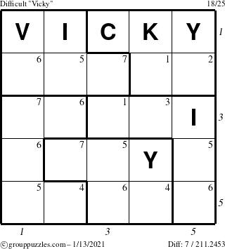 The grouppuzzles.com Difficult Vicky puzzle for Wednesday January 13, 2021 with all 7 steps marked