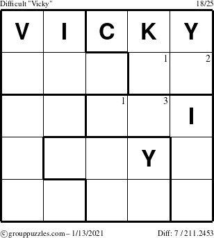 The grouppuzzles.com Difficult Vicky puzzle for Wednesday January 13, 2021 with the first 3 steps marked