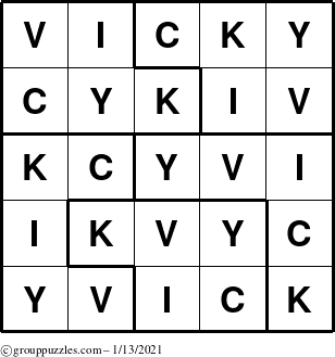 The grouppuzzles.com Answer grid for the Vicky puzzle for Wednesday January 13, 2021