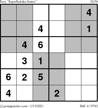 The grouppuzzles.com Easy SuperSudoku-Junior puzzle for Wednesday January 13, 2021