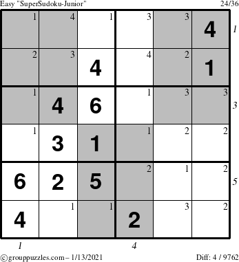 The grouppuzzles.com Easy SuperSudoku-Junior puzzle for Wednesday January 13, 2021 with all 4 steps marked