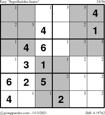 The grouppuzzles.com Easy SuperSudoku-Junior puzzle for Wednesday January 13, 2021 with the first 3 steps marked