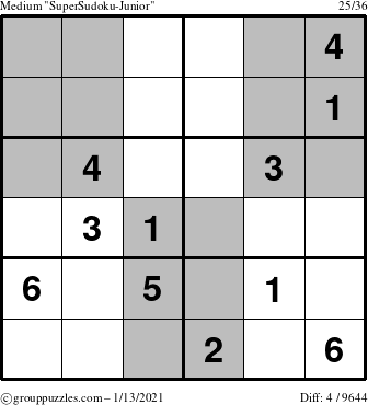 The grouppuzzles.com Medium SuperSudoku-Junior puzzle for Wednesday January 13, 2021