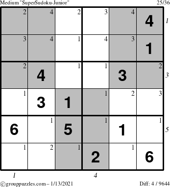 The grouppuzzles.com Medium SuperSudoku-Junior puzzle for Wednesday January 13, 2021 with all 4 steps marked