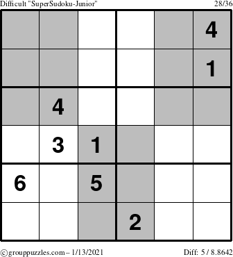 The grouppuzzles.com Difficult SuperSudoku-Junior puzzle for Wednesday January 13, 2021