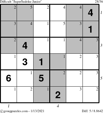 The grouppuzzles.com Difficult SuperSudoku-Junior puzzle for Wednesday January 13, 2021 with all 5 steps marked