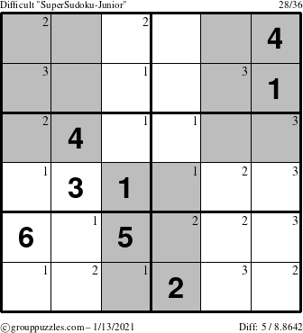 The grouppuzzles.com Difficult SuperSudoku-Junior puzzle for Wednesday January 13, 2021 with the first 3 steps marked