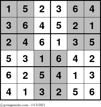 The grouppuzzles.com Answer grid for the SuperSudoku-Junior puzzle for Wednesday January 13, 2021