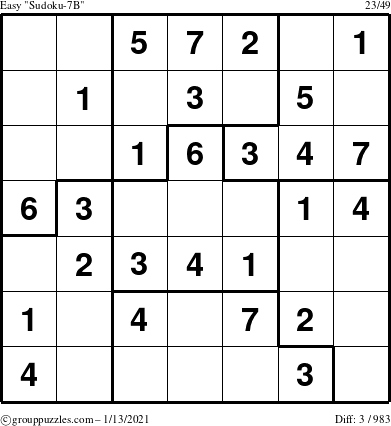 The grouppuzzles.com Easy Sudoku-7B puzzle for Wednesday January 13, 2021