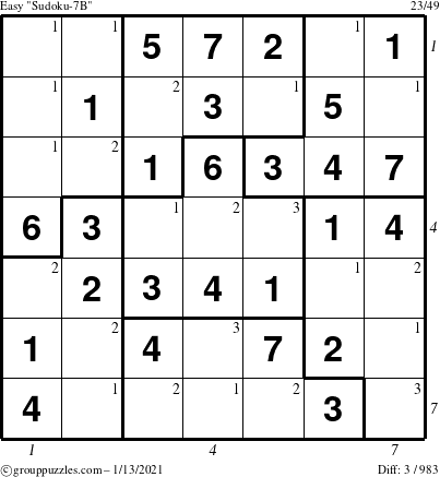 The grouppuzzles.com Easy Sudoku-7B puzzle for Wednesday January 13, 2021, suitable for printing, with all 3 steps marked