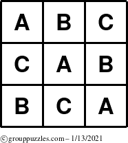 The grouppuzzles.com Answer grid for the TicTac-ABC puzzle for Wednesday January 13, 2021