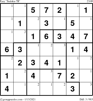 The grouppuzzles.com Easy Sudoku-7B puzzle for Wednesday January 13, 2021 with the first 3 steps marked