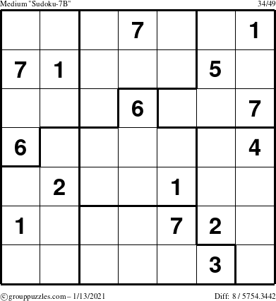 The grouppuzzles.com Medium Sudoku-7B puzzle for Wednesday January 13, 2021