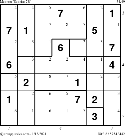 The grouppuzzles.com Medium Sudoku-7B puzzle for Wednesday January 13, 2021 with all 8 steps marked