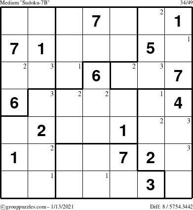 The grouppuzzles.com Medium Sudoku-7B puzzle for Wednesday January 13, 2021 with the first 3 steps marked