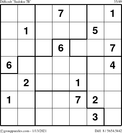 The grouppuzzles.com Difficult Sudoku-7B puzzle for Wednesday January 13, 2021