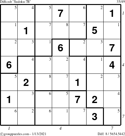 The grouppuzzles.com Difficult Sudoku-7B puzzle for Wednesday January 13, 2021 with all 8 steps marked