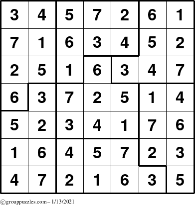 The grouppuzzles.com Answer grid for the Sudoku-7B puzzle for Wednesday January 13, 2021