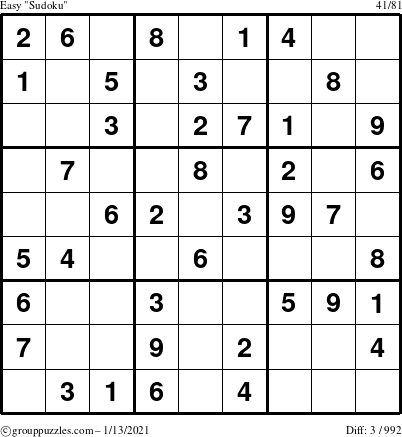 The grouppuzzles.com Easy Sudoku puzzle for Wednesday January 13, 2021